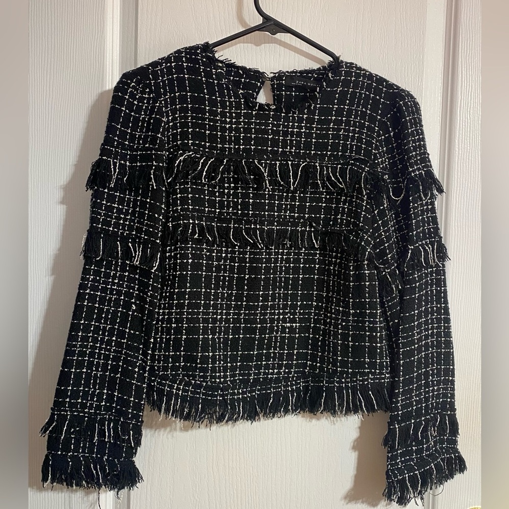 Zara Tweed Textured Long Sleeved Career Preppy Top Size XS - Picture 2 of 7